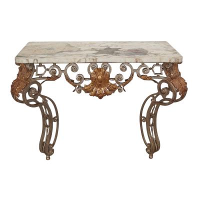 18th C Style Wrought Iron Silver Gilt Metal Marble Top Console