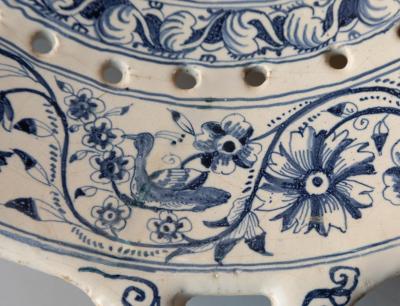 18th CENTURY SPANISH OR PORTUGUESE FAIENCE TWO HANDLED COLANDER
