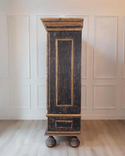 18th Century Baroque Two Part Cabinet with Black Finish and Blue Interior
