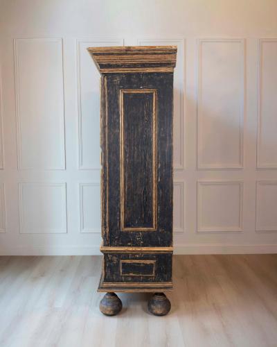 18th Century Baroque Two Part Cabinet with Black Finish and Blue Interior