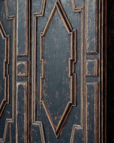 18th Century Baroque Two Part Cabinet with Black Finish and Blue Interior