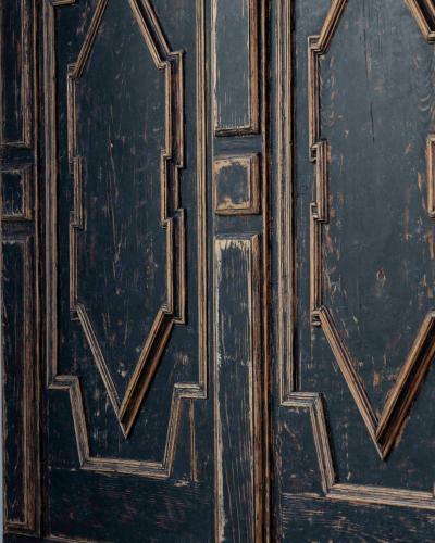 18th Century Baroque Two Part Cabinet with Black Finish and Blue Interior
