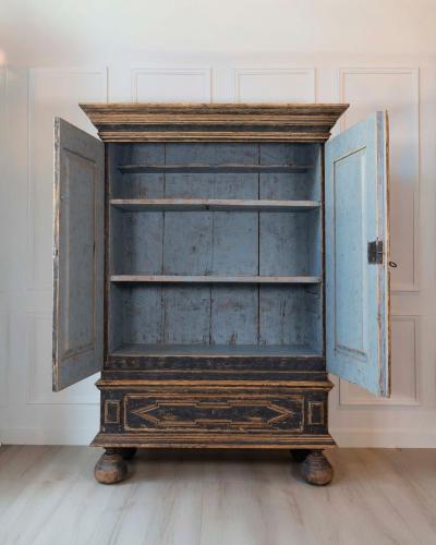 18th Century Baroque Two Part Cabinet with Black Finish and Blue Interior