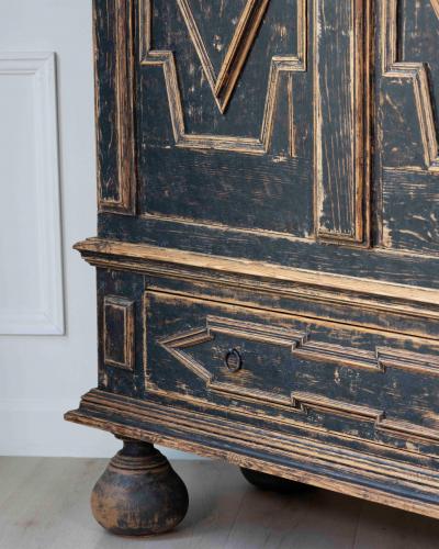 18th Century Baroque Two Part Cabinet with Black Finish and Blue Interior