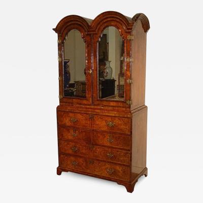 18th Century Burl Walnut Double Domed Queen Anne Linen Press Bureau Cabinet