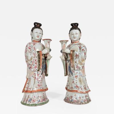 18th Century Chinese Export Porcelain Pair of Maiden Candlesticks