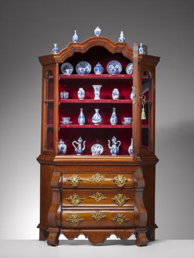 18th Century Dutch Mahogany Cabinet with Kangxi Miniatures