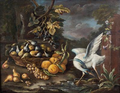 18th Century Flemish Still Life of Fruit and Blue Heron