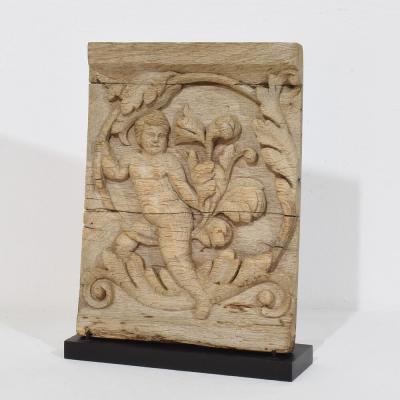 18th Century French Carved Oak Panel Depicting An Angel On An Acanthus Curl