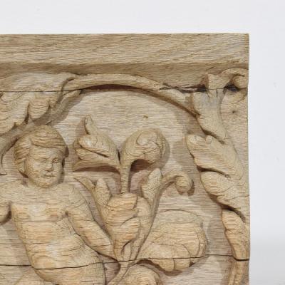 18th Century French Carved Oak Panel Depicting An Angel On An Acanthus Curl