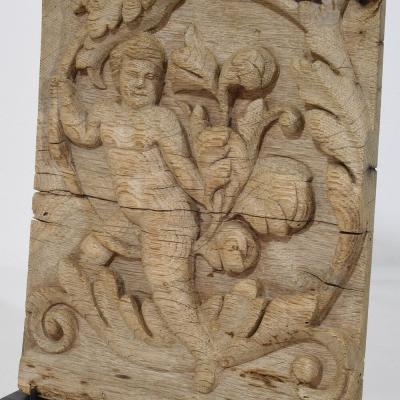 18th Century French Carved Oak Panel Depicting An Angel On An Acanthus Curl