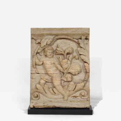 18th Century French Carved Oak Panel Depicting An Angel On An Acanthus Curl