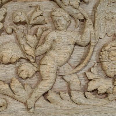 18th Century French Carved Oak Panel Depicting Two Angels And An Eagle