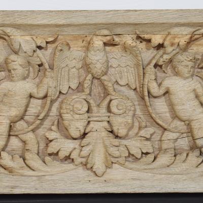 18th Century French Carved Oak Panel Depicting Two Angels And An Eagle