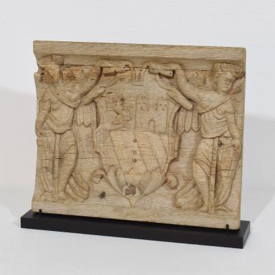 18th Century French Carved Oak Panel Depicting Two Angels With Coat Of Arms
