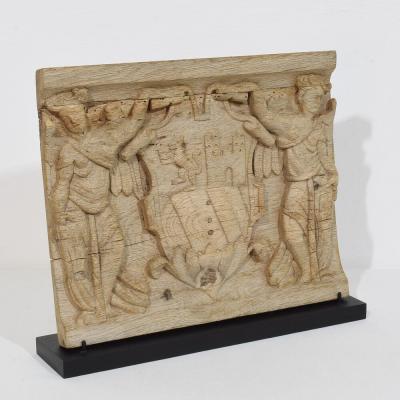 18th Century French Carved Oak Panel Depicting Two Angels With Coat Of Arms
