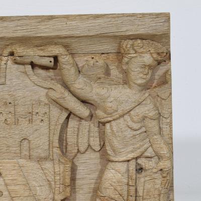 18th Century French Carved Oak Panel Depicting Two Angels With Coat Of Arms