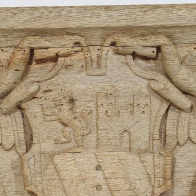 18th Century French Carved Oak Panel Depicting Two Angels With Coat Of Arms