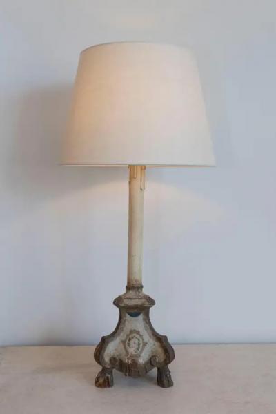 18th Century French Louis XVI Painted and Giltwood Altar Candlestick Lamp