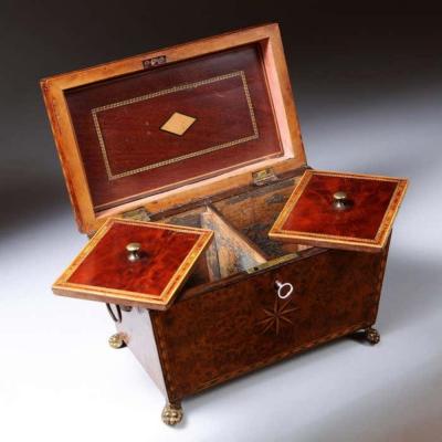 18th Century George III Burr Yew Tea Caddy with Star Inlay and Brass Accents