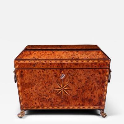 18th Century George III Burr Yew Tea Caddy with Star Inlay and Brass Accents