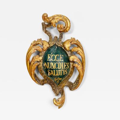 18th Century Giltwood and Polychrome Painted Shield ECCE NUNCDIES SALUTIS