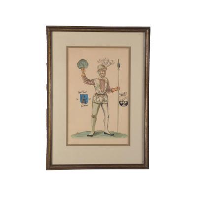 18th Century Hand Colored Engraving of Renaissance Soldier Probably German