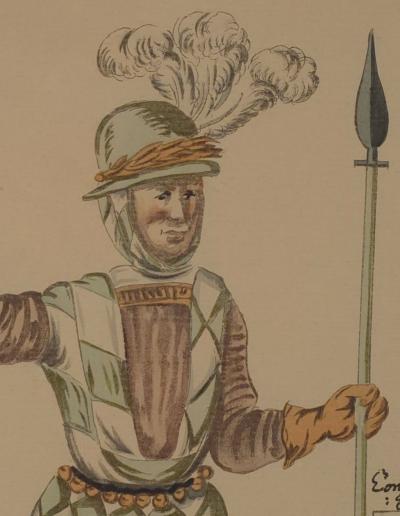 18th Century Hand Colored Engraving of Renaissance Soldier Probably German