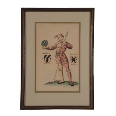 18th Century Hand Colored Engraving of Renaissance Soldier Probably German