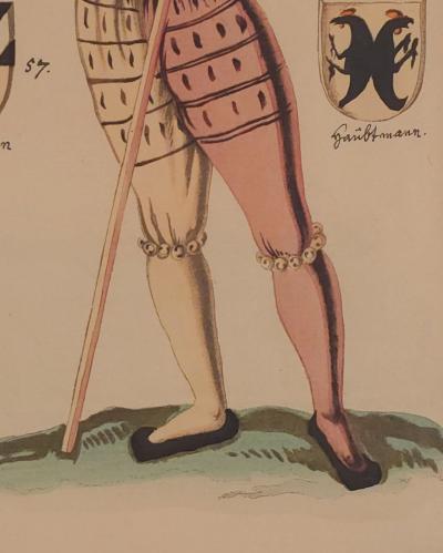 18th Century Hand Colored Engraving of Renaissance Soldier Probably German