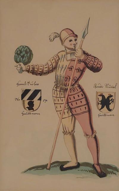 18th Century Hand Colored Engraving of Renaissance Soldier Probably German