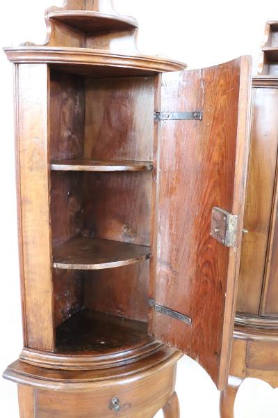 18th Century Italian Louis XV Solid Walnut Pair of Antique Corner Cupboards