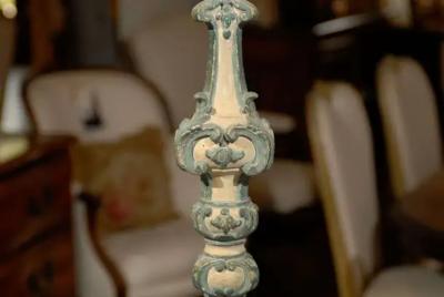 18th Century Italian Rococo Single Carved Candlestick Painted with Blue Accents