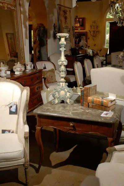 18th Century Italian Rococo Single Carved Candlestick Painted with Blue Accents