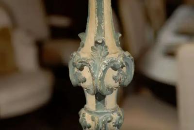 18th Century Italian Rococo Single Carved Candlestick Painted with Blue Accents