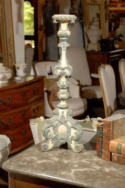 18th Century Italian Rococo Single Carved Candlestick Painted with Blue Accents