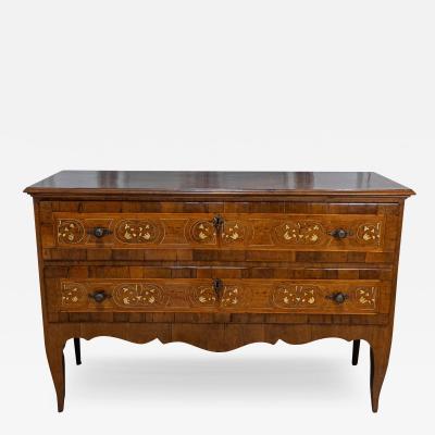 18th Century Italian Walnut Mahogany and Ash Two Drawer Commode with Marquetry