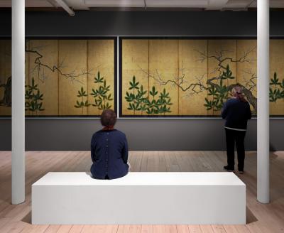 18th Century Japanese Screen Pair Plum Young Pines Kano School 