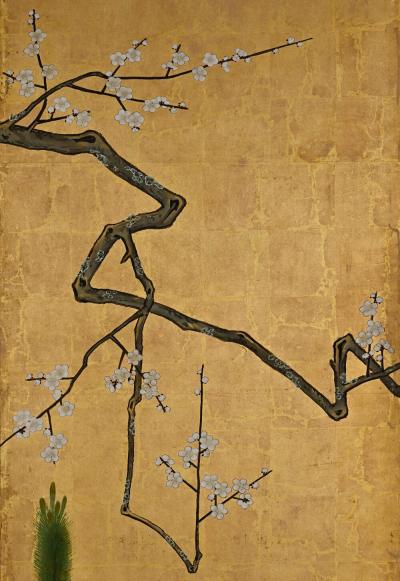 18th Century Japanese Screen Pair Plum Young Pines Kano School 