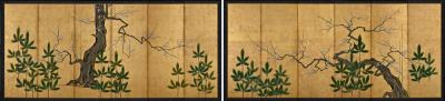 18th Century Japanese Screen Pair Plum Young Pines Kano School 