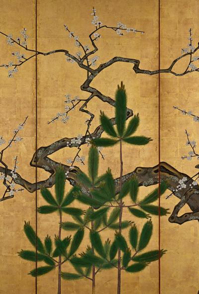 18th Century Japanese Screen Pair Plum Young Pines Kano School 