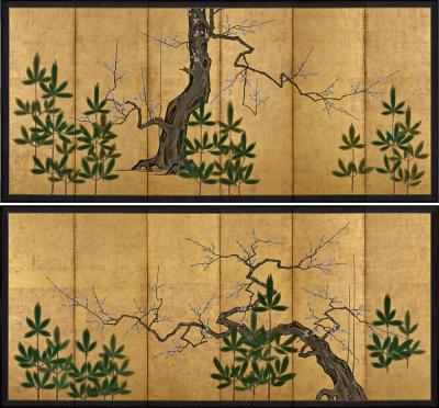 18th Century Japanese Screen Pair Plum Young Pines Kano School 
