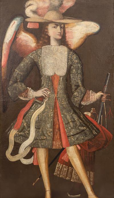 18th Century Oil On Canvas Of An Angel Arcabucero Cusco Peru 
