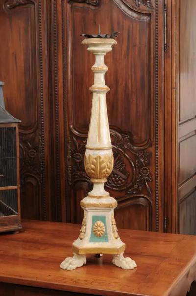 18th Century Painted and Gilt Candlestick from Tuscany with Acanthus Leaves