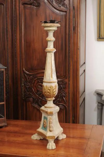 18th Century Painted and Gilt Candlestick from Tuscany with Acanthus Leaves