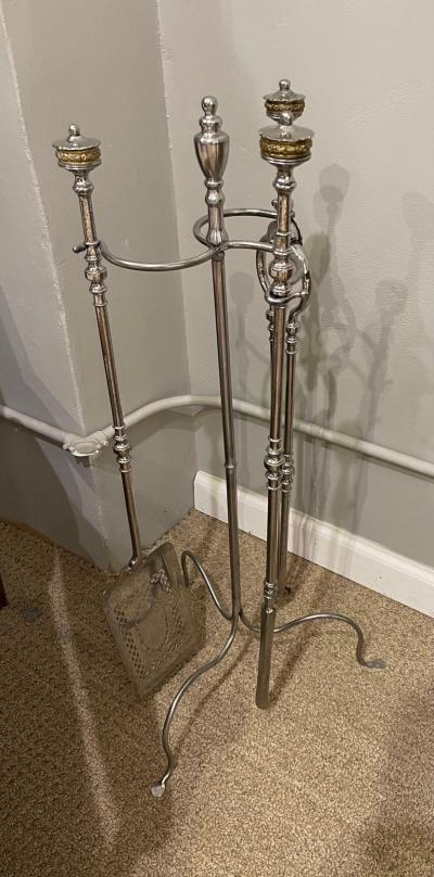18th Century Polished Steel Fireplace Tools on Stand