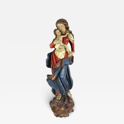 18th Century Polychrome Virgin Child Wall Sculpture Handcarved AT ca 1760