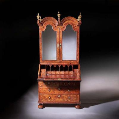 18th Century Queen Anne Burr Walnut Double Dome Bureau Bookcase