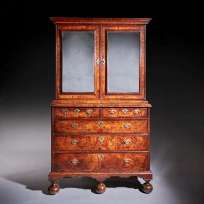 18th Century Queen Anne Burr Walnut mirrored Cabinet on Chest Circa 1705 1715
