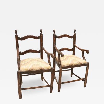 18th Century Solid Walnut Pair of Rustic Armchairs
